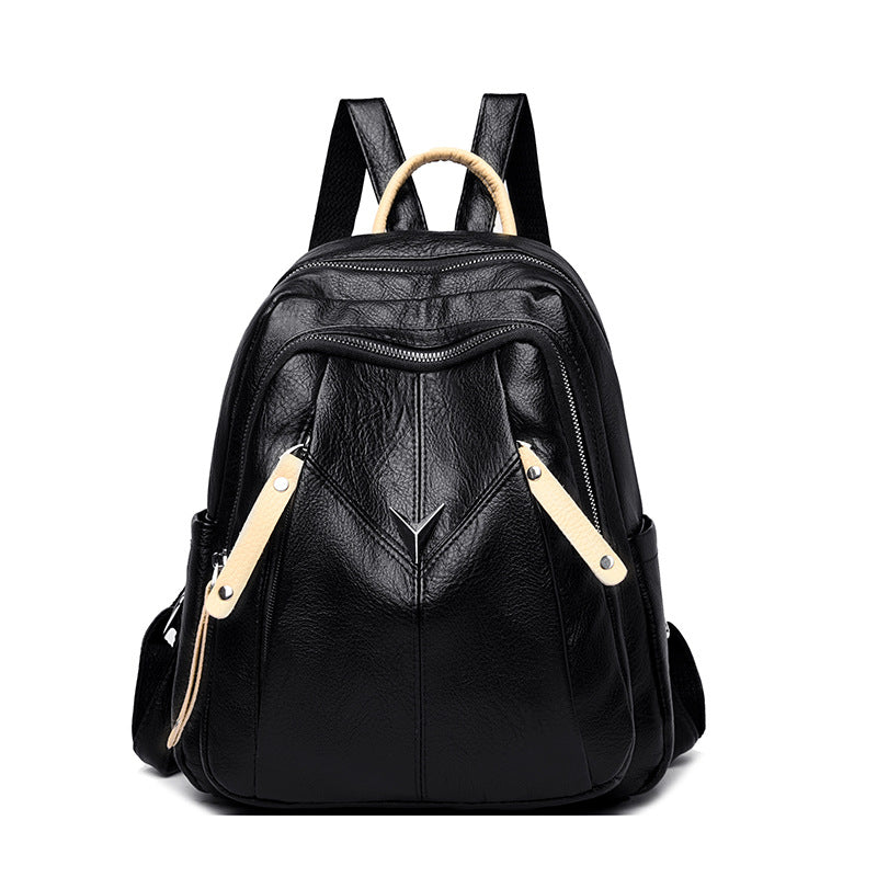 Lady's Fashion Contrast Color Leather Backpack For Outdoors
