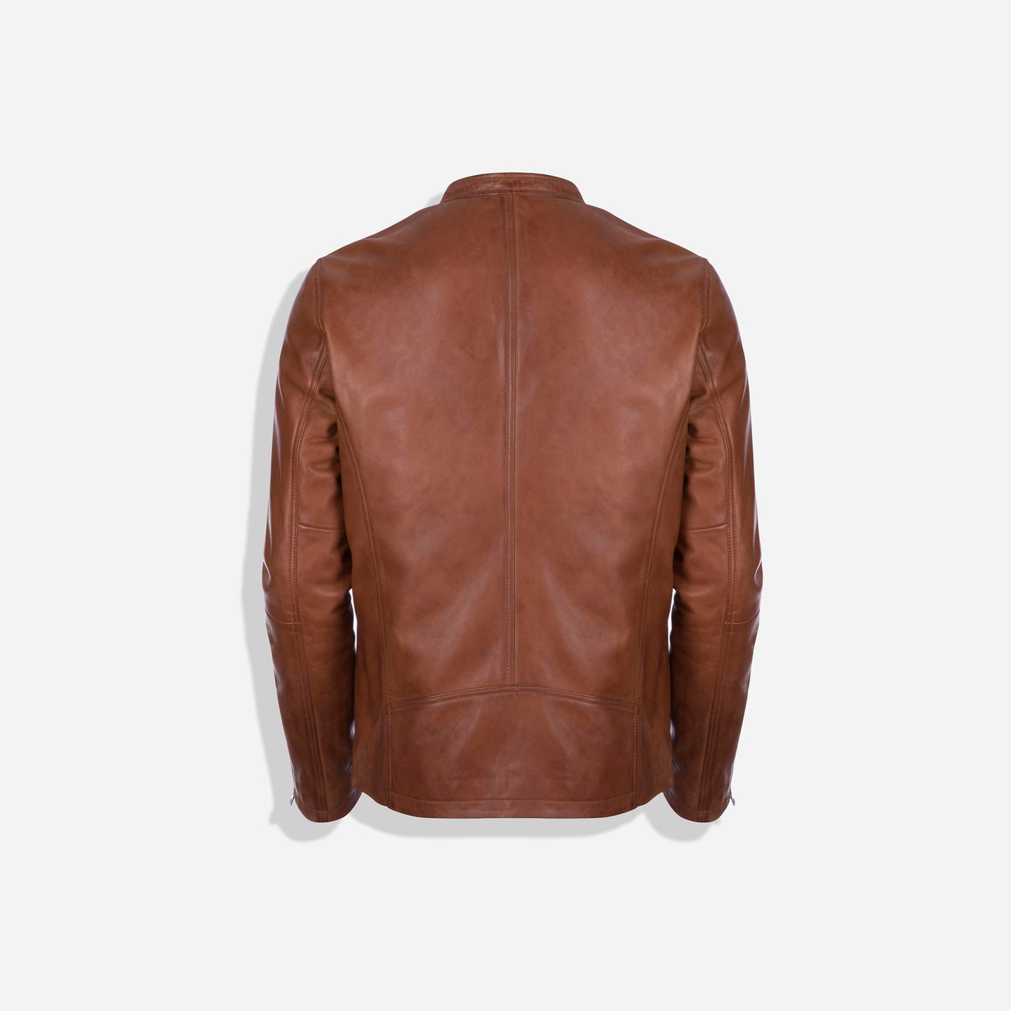 Burton Mandarin Collar Chestnut Brown Leather Jacket Outfit