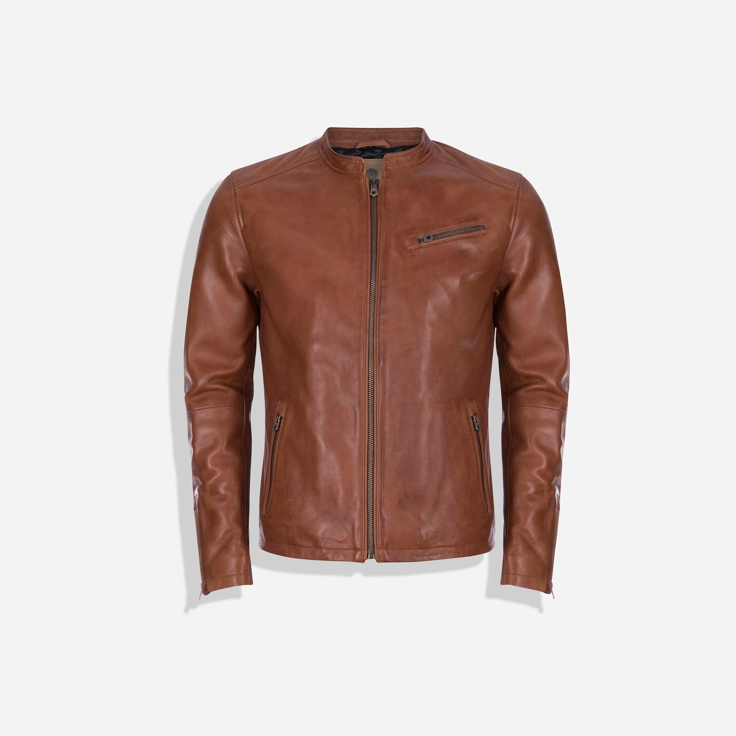 Burton Mandarin Collar Chestnut Brown Leather Jacket Outfit
