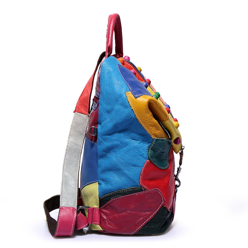 Cowhide Stitching Fashion Leather Backpack For Women