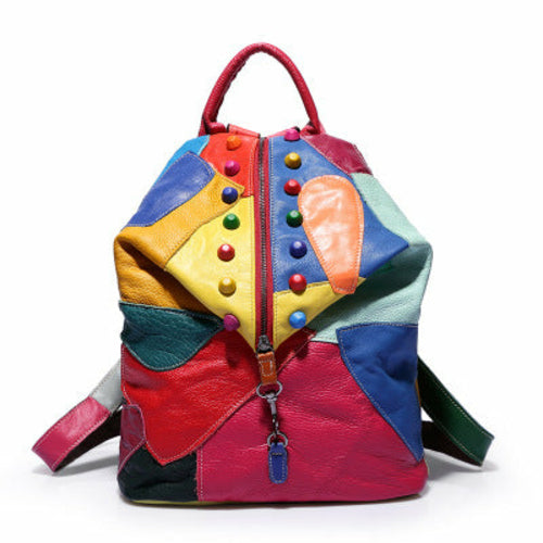 Cowhide Stitching Fashion Leather Backpack For Women