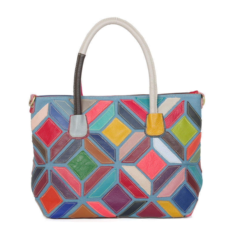 European American Style Colorful Leather Stitching Handbag