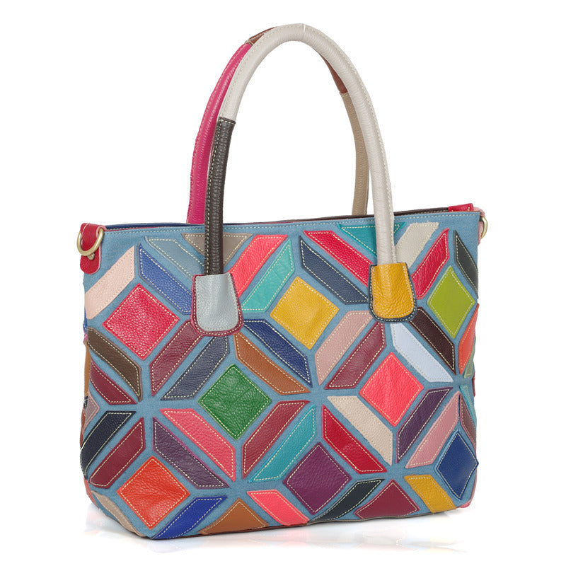 European American Style Colorful Leather Stitching Handbag