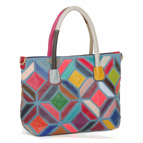 European American Style Colorful Leather Stitching Handbag