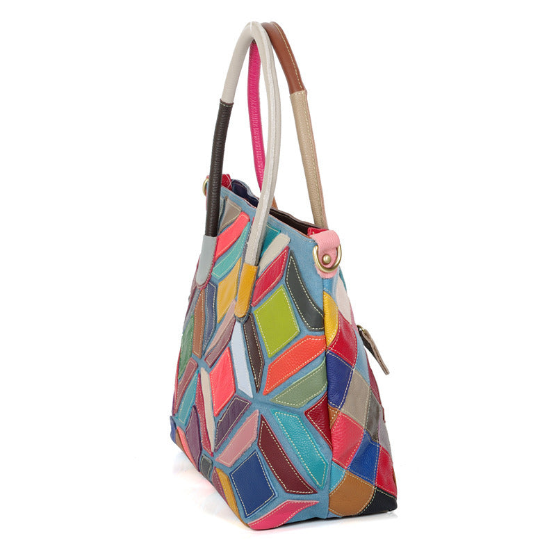 European American Style Colorful Leather Stitching Handbag