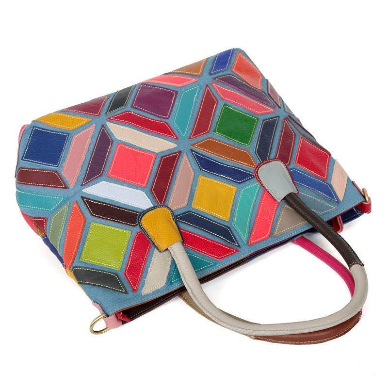 European American Style Colorful Leather Stitching Handbag