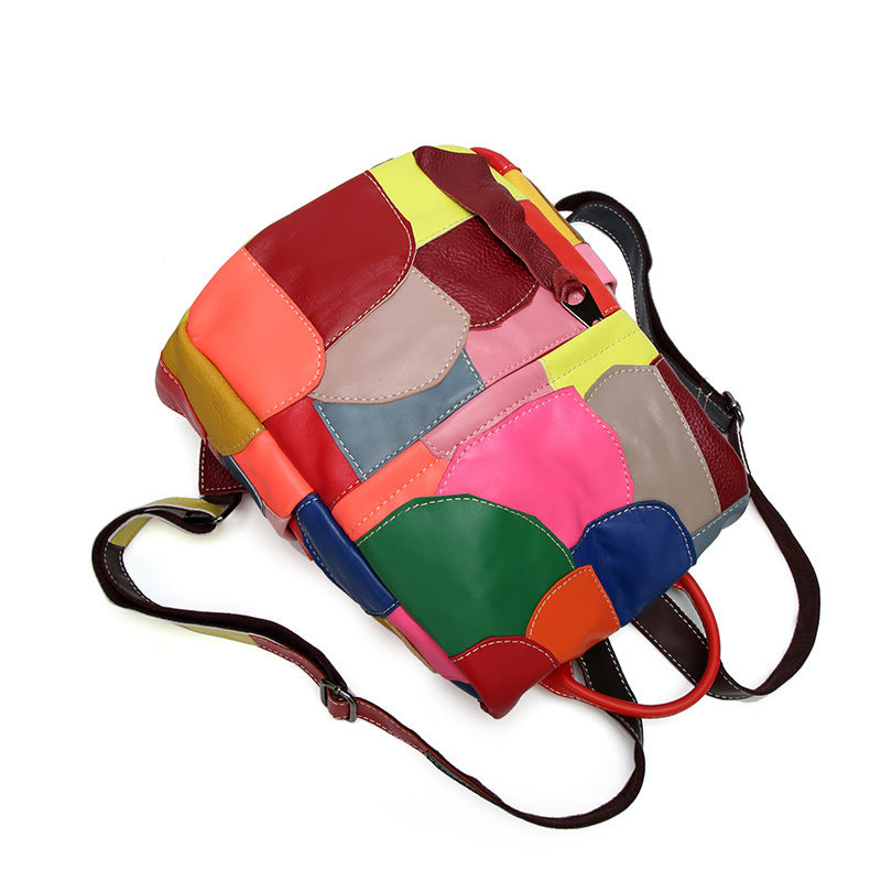 Large-capacity Leather Lady's Retro Stitching Backpack