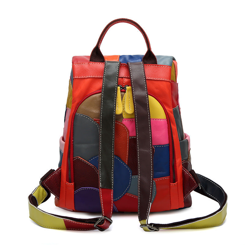 Large-capacity Leather Lady's Retro Stitching Backpack