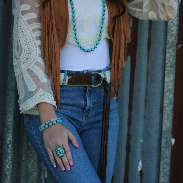 Brown&White Hide Leather Belt w/ Leather Fringe