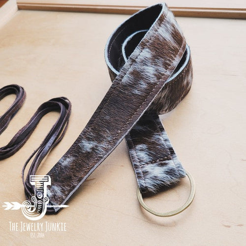 Brown&White Hide Leather Belt w/ Leather Fringe
