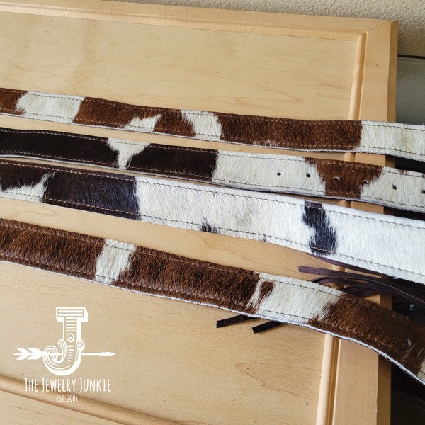 Hair-on-Hide Brown & White Leather Belt w/ Fringe