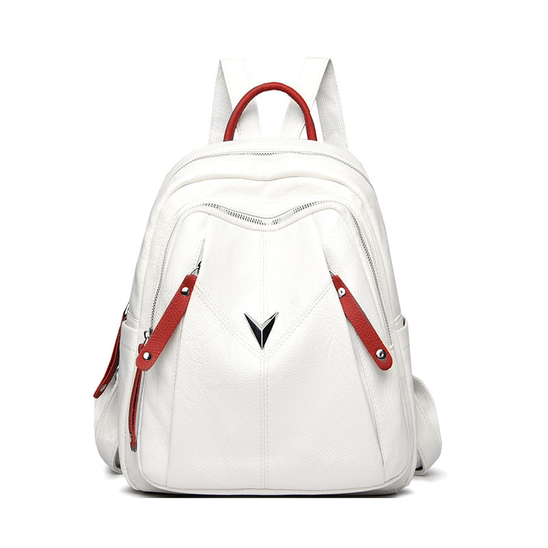 Lady's Fashion Contrast Color Leather Backpack For Outdoors