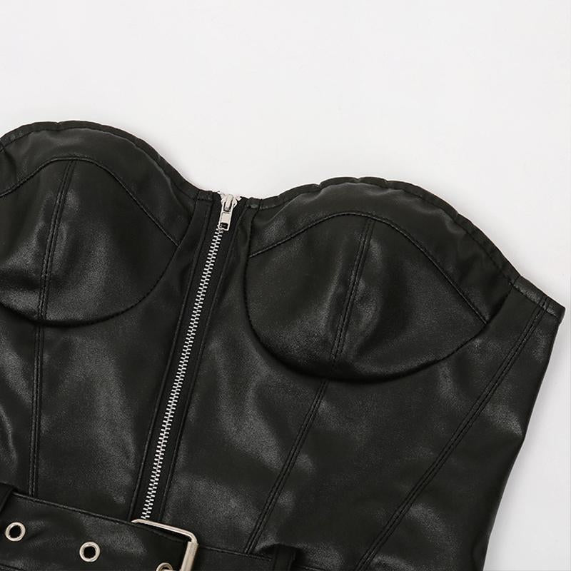 Leather belt backless black crop top Women zipper sleeveless