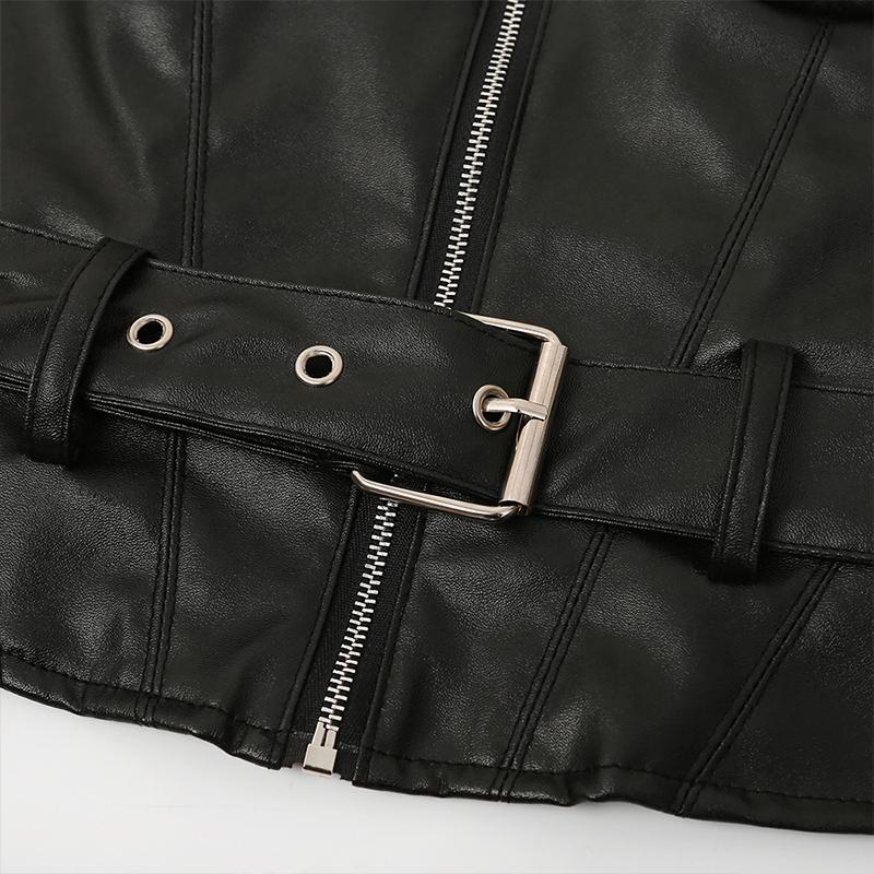 Leather belt backless black crop top Women zipper sleeveless