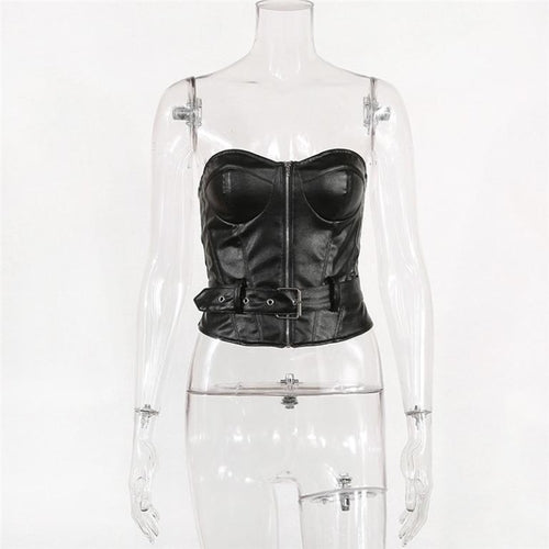 Leather belt backless black crop top Women zipper sleeveless