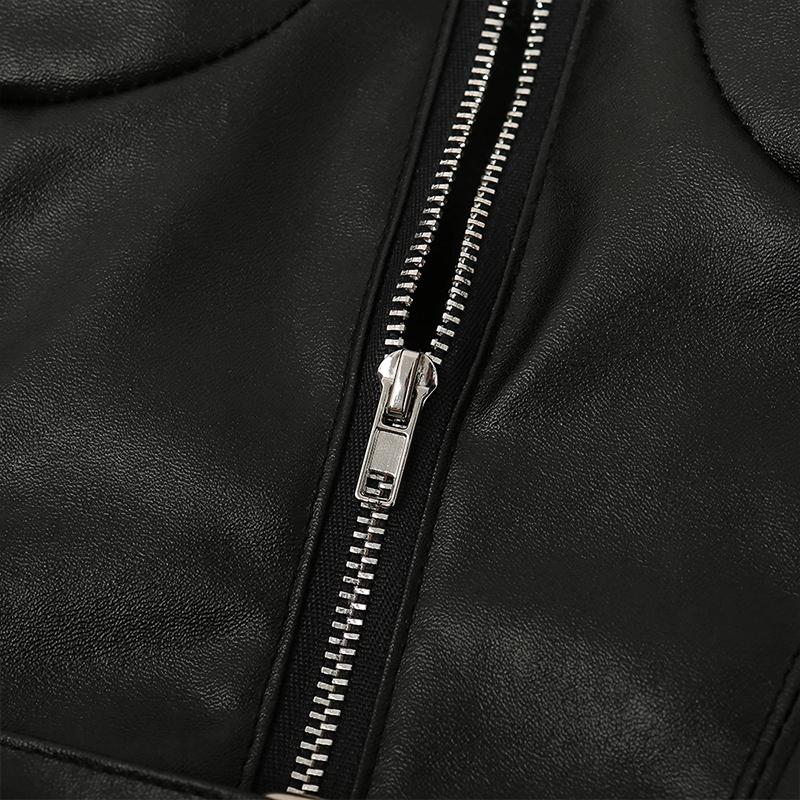 Leather belt backless black crop top Women zipper sleeveless