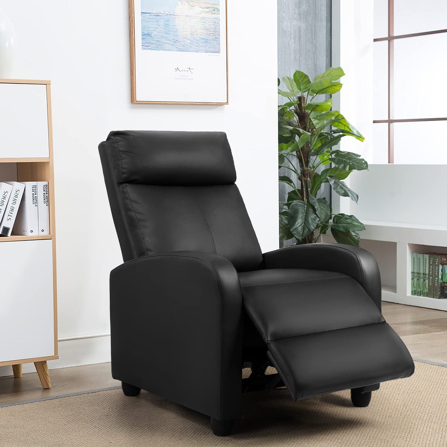 Black PU Leather Recliner Sofa with Thick Cushion