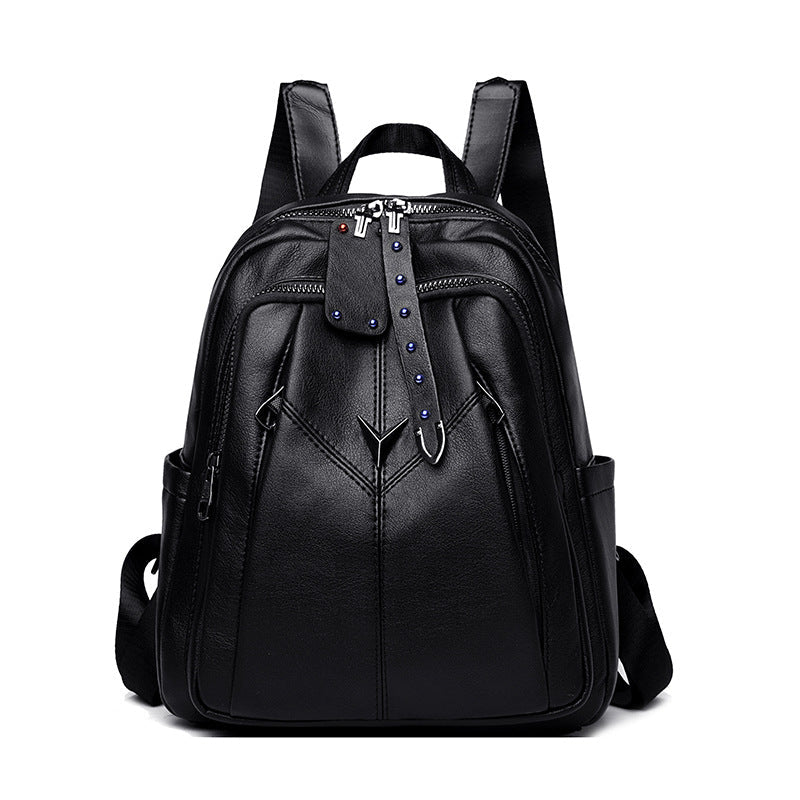 Lady's Fashion Contrast Color Leather Backpack For Outdoors