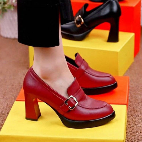 Chunky Sole High Heel Stylish Boots Low Cut Ladies Leather Footwear