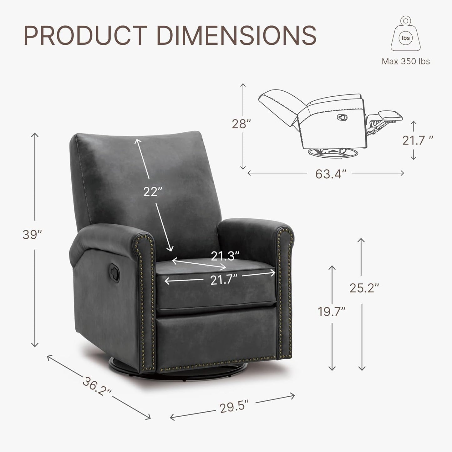 Large Leather Recliner Chair Faux Swivel Rocker for Adults Manual Sofa