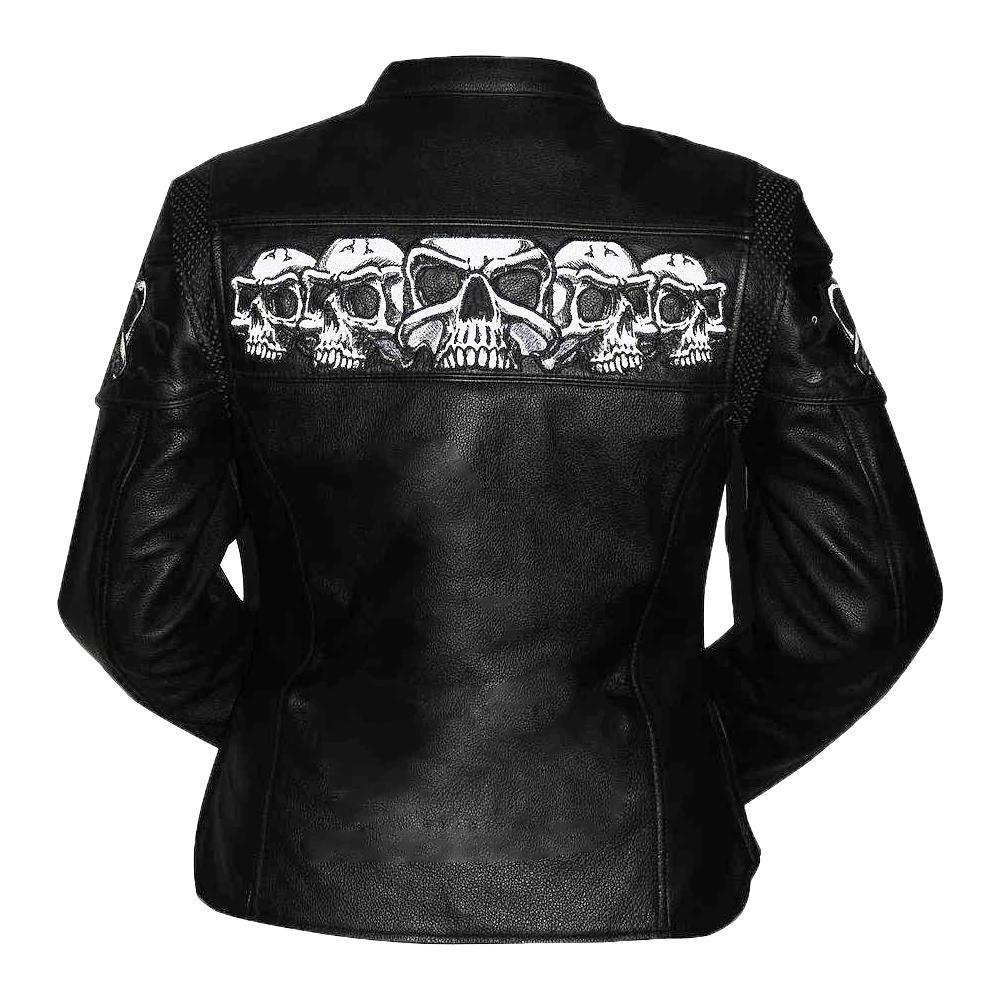 First MFG Co. Big Skulls Cowhide Ladies Leather Black Motorcycle Jacket
