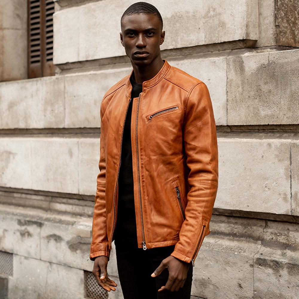 Burton Mandarin Collar Chestnut Brown Leather Jacket Outfit