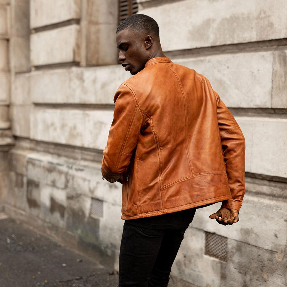 Burton Mandarin Collar Chestnut Brown Leather Jacket Outfit