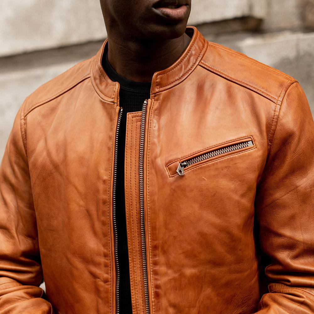 Burton Mandarin Collar Chestnut Brown Leather Jacket Outfit