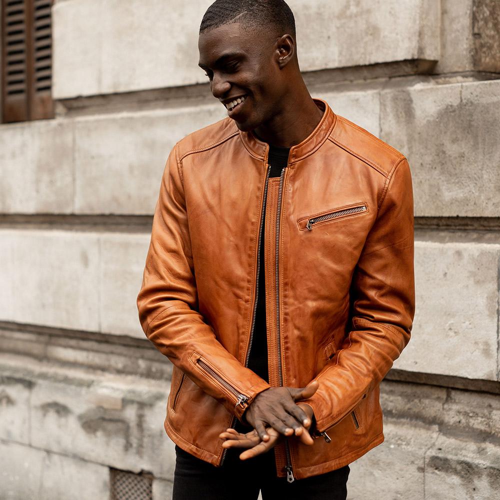Burton Mandarin Collar Chestnut Brown Leather Jacket Outfit