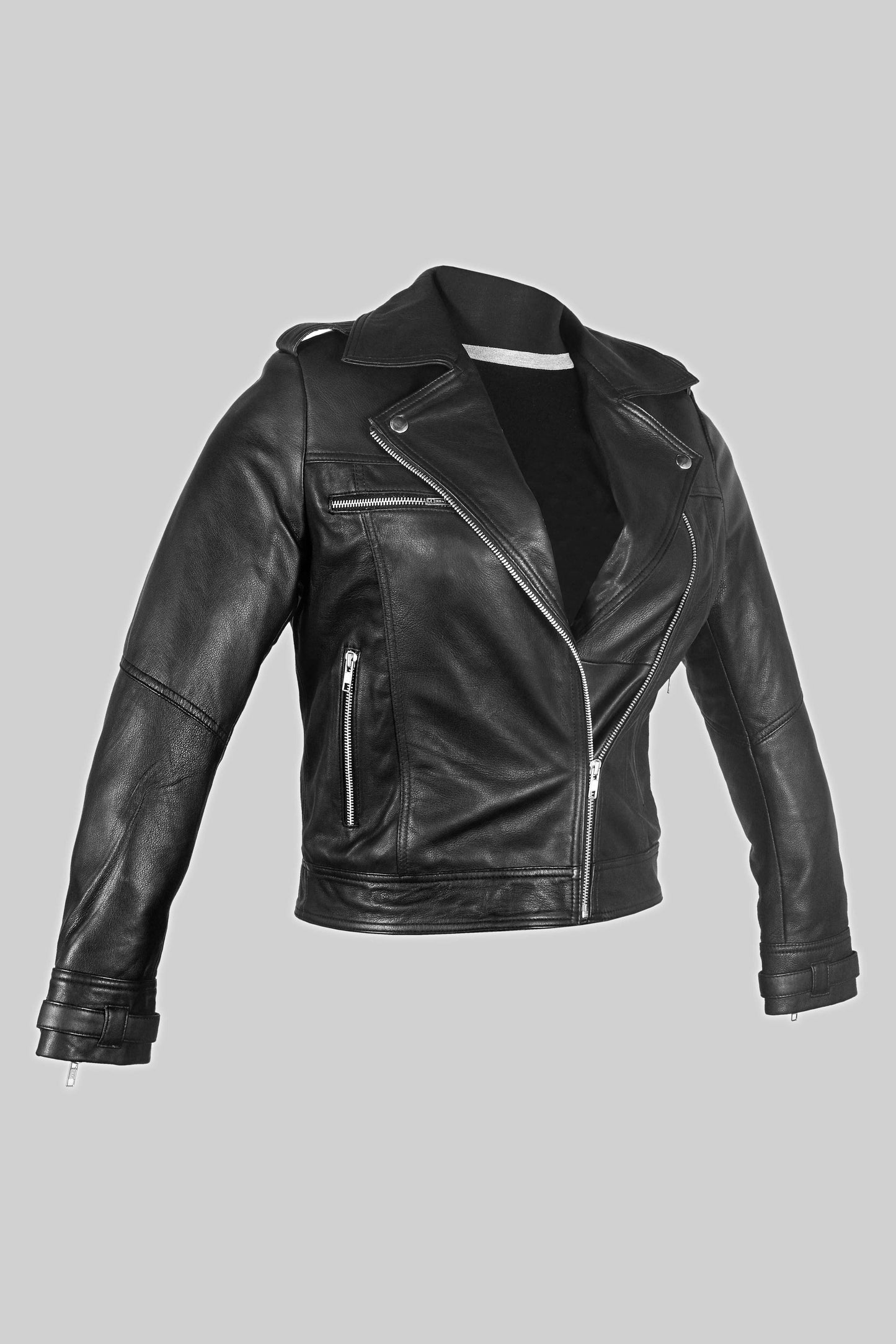 Black Real Lambskin Leather Biker Jacket For Women