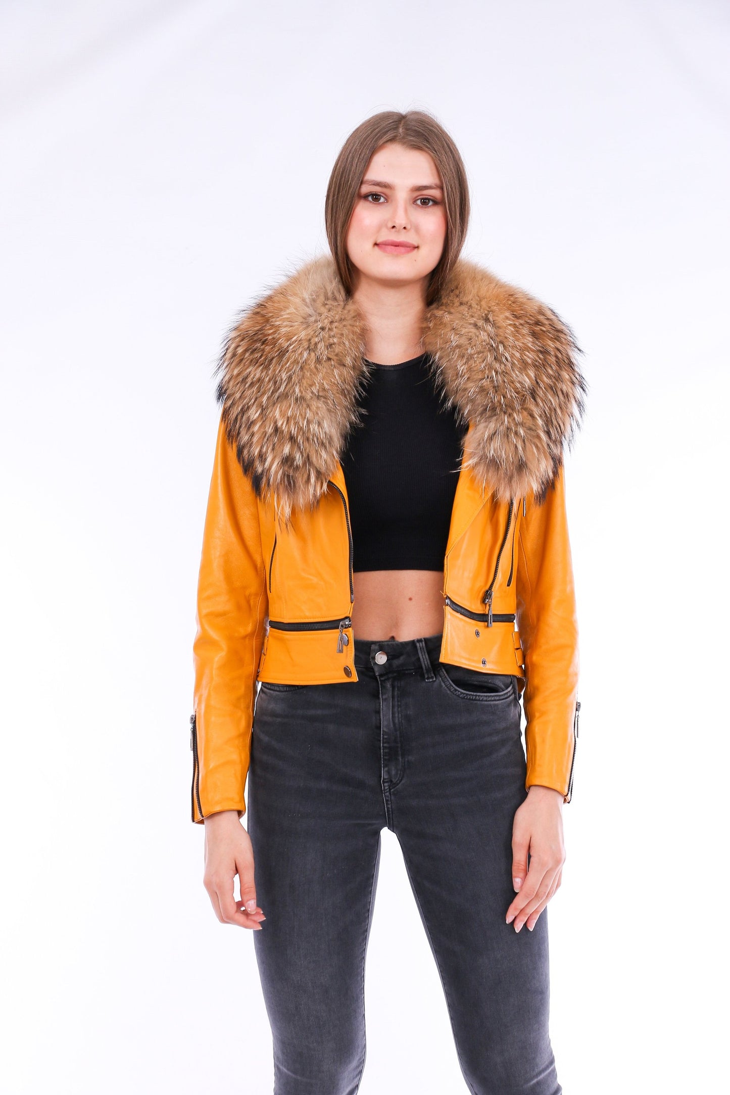 Buttagi Women's Yellow Soft Lightweight Leather Biker Jacket