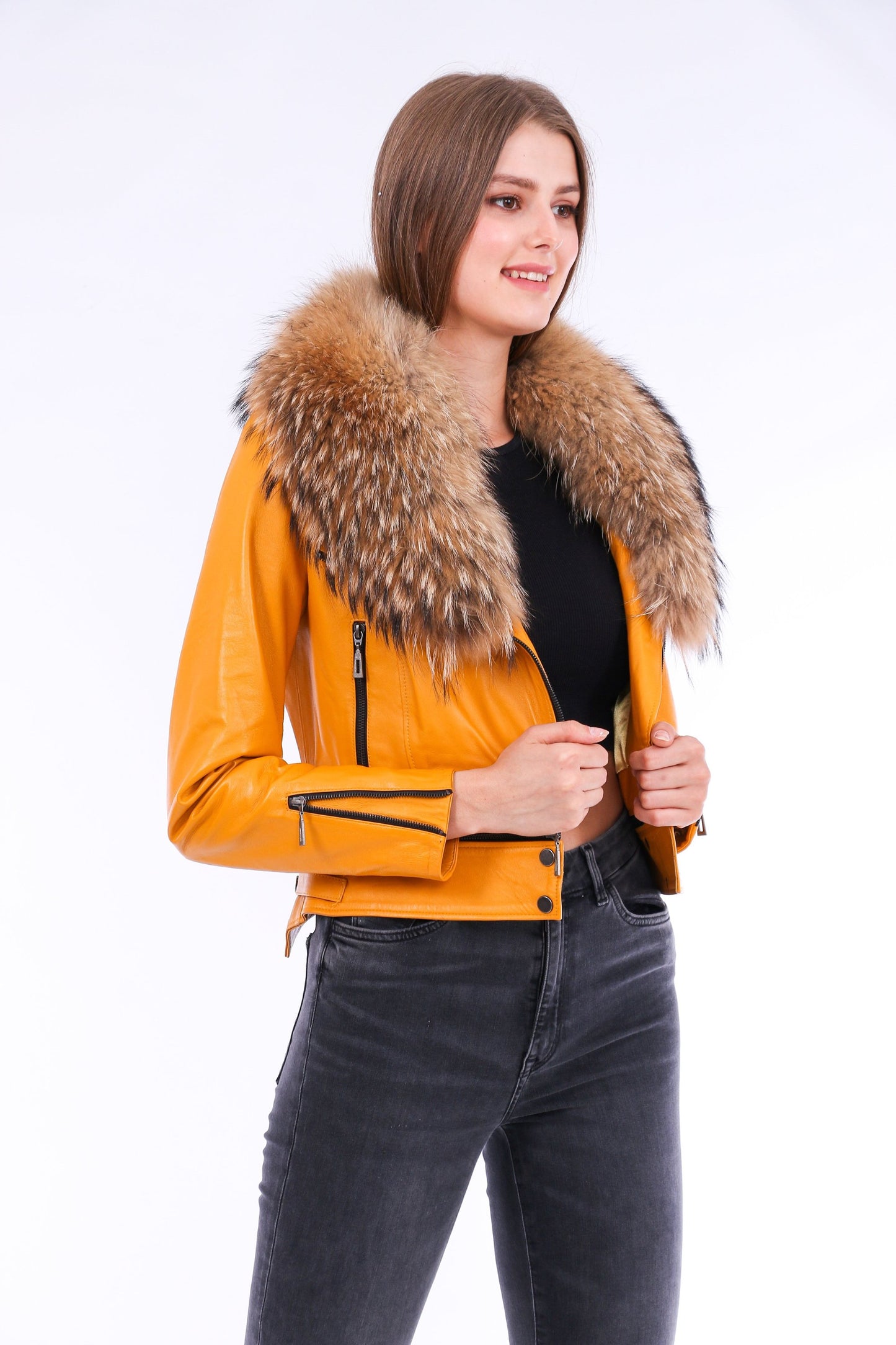 Buttagi Women's Yellow Soft Lightweight Leather Biker Jacket