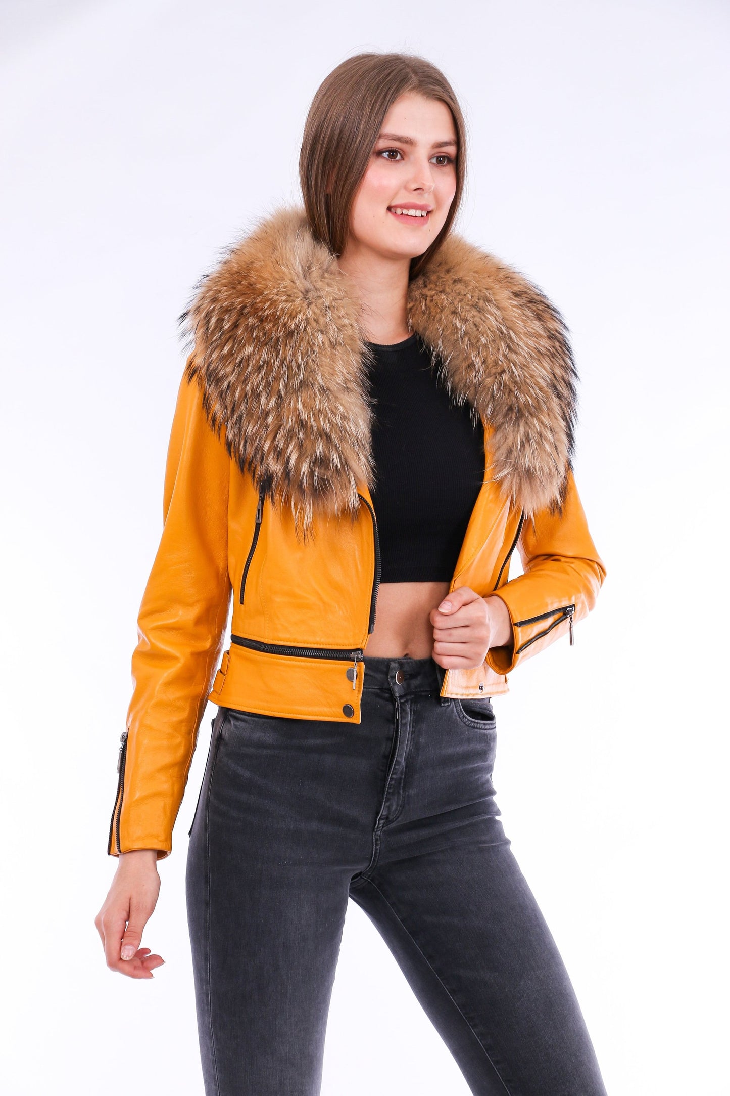 Buttagi Women's Yellow Soft Lightweight Leather Biker Jacket