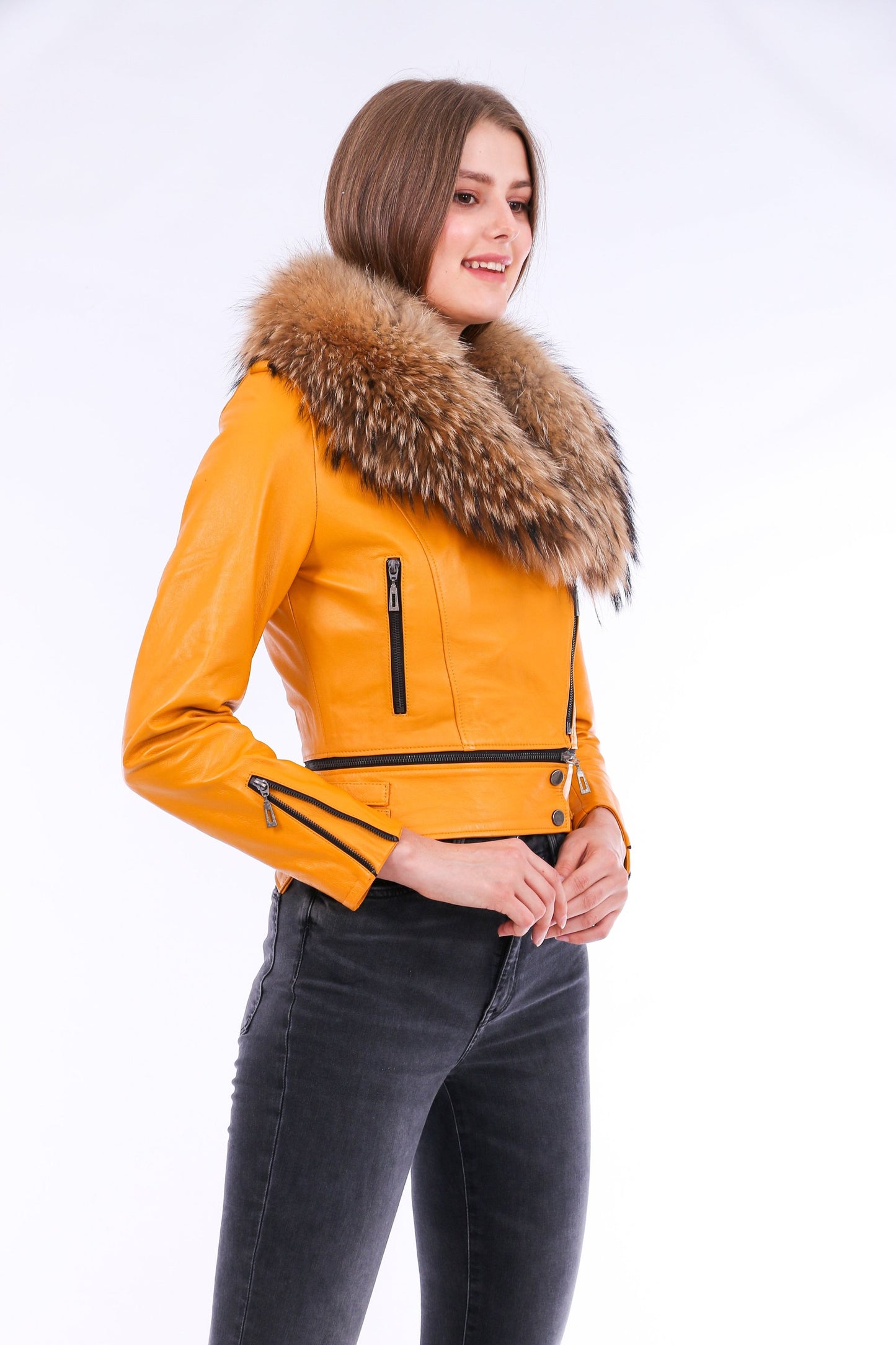 Buttagi Women's Yellow Soft Lightweight Leather Biker Jacket