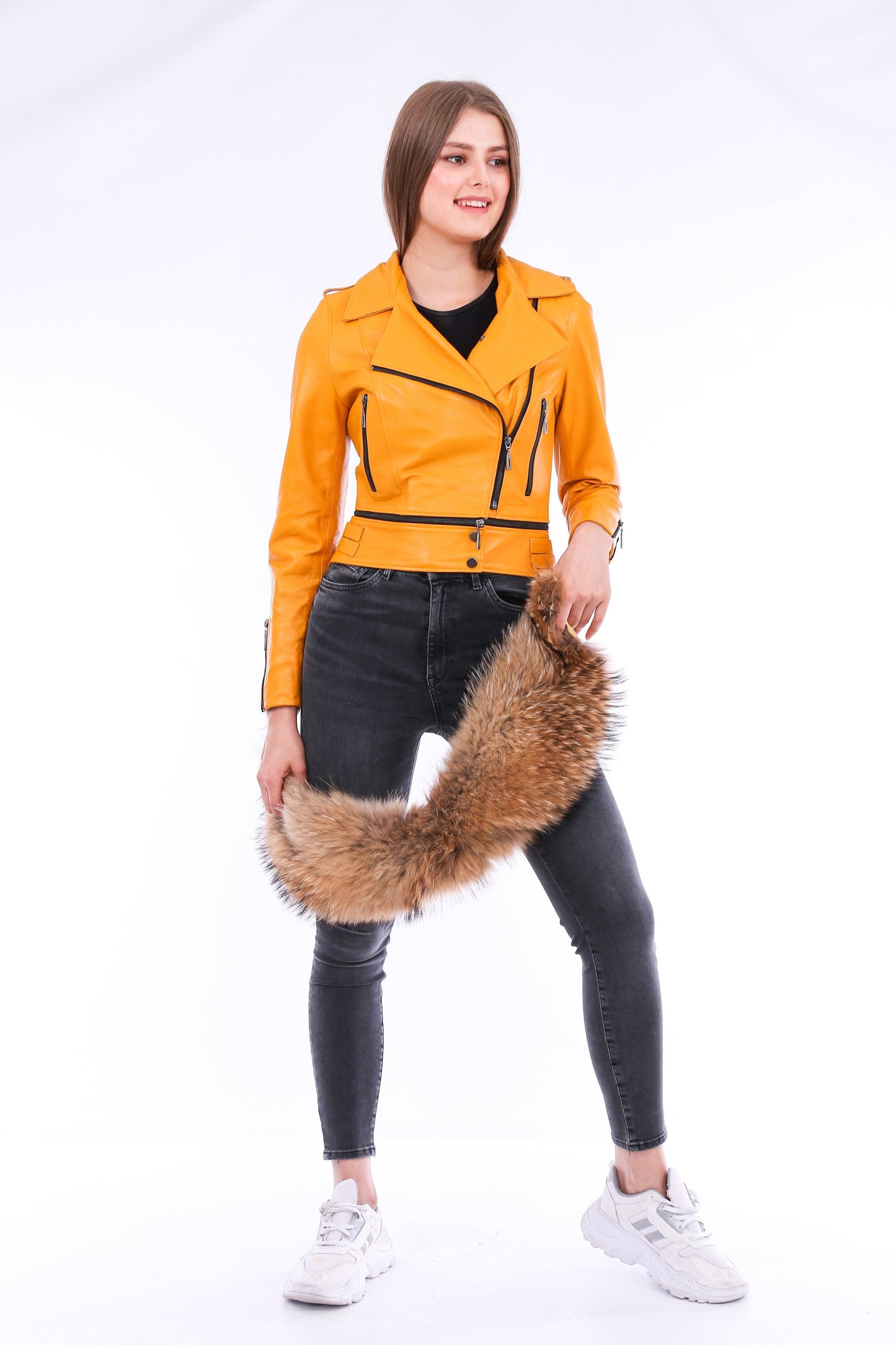 Buttagi Women's Yellow Soft Lightweight Leather Biker Jacket