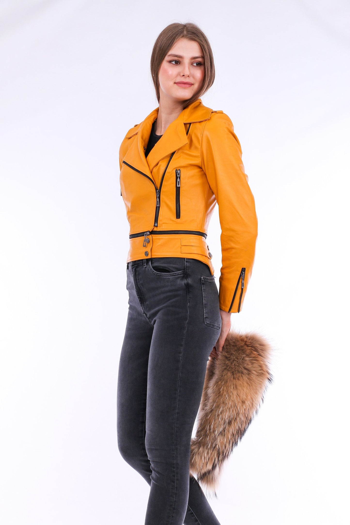 Buttagi Women's Yellow Soft Lightweight Leather Biker Jacket