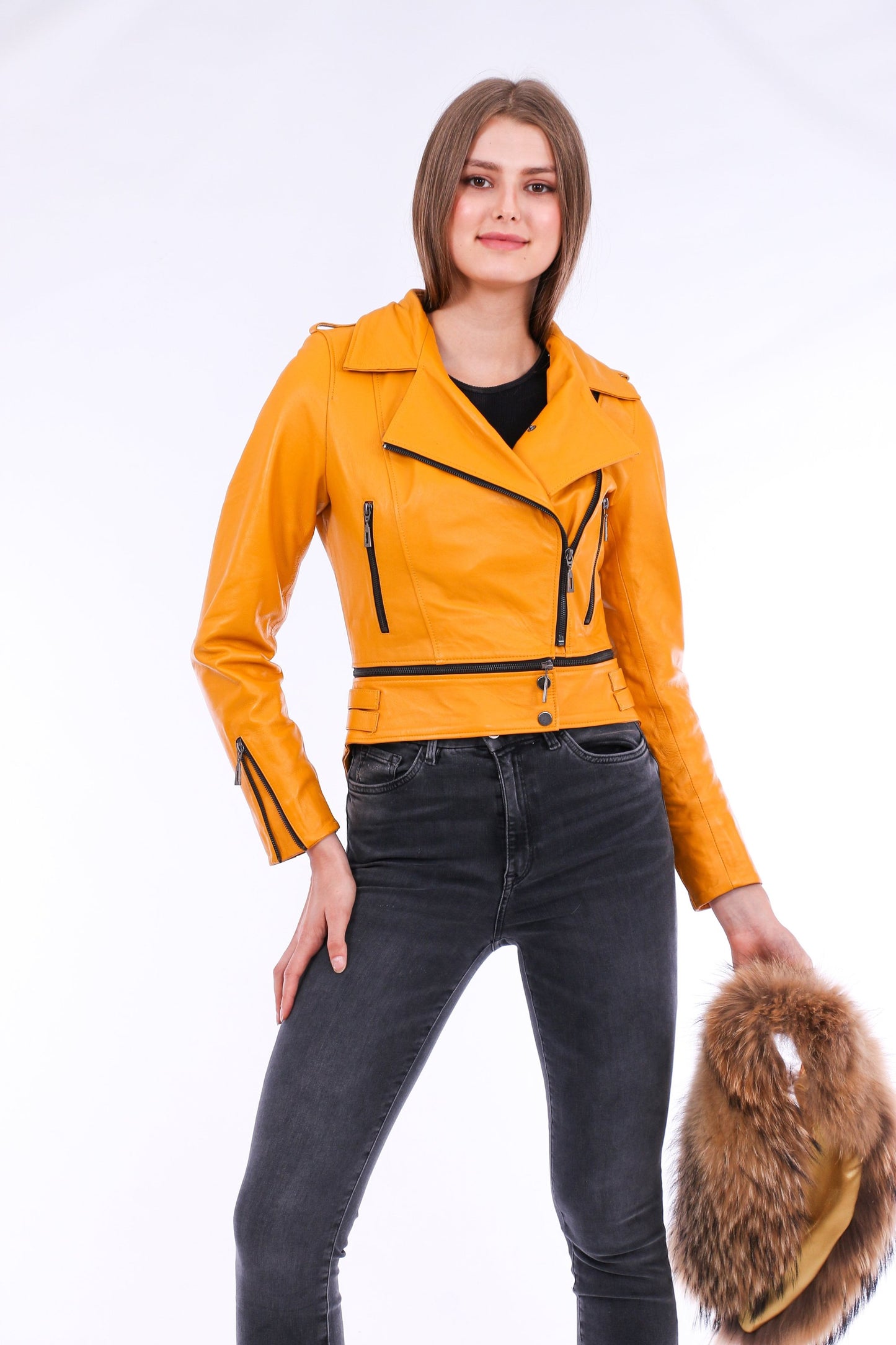 Buttagi Women's Yellow Soft Lightweight Leather Biker Jacket
