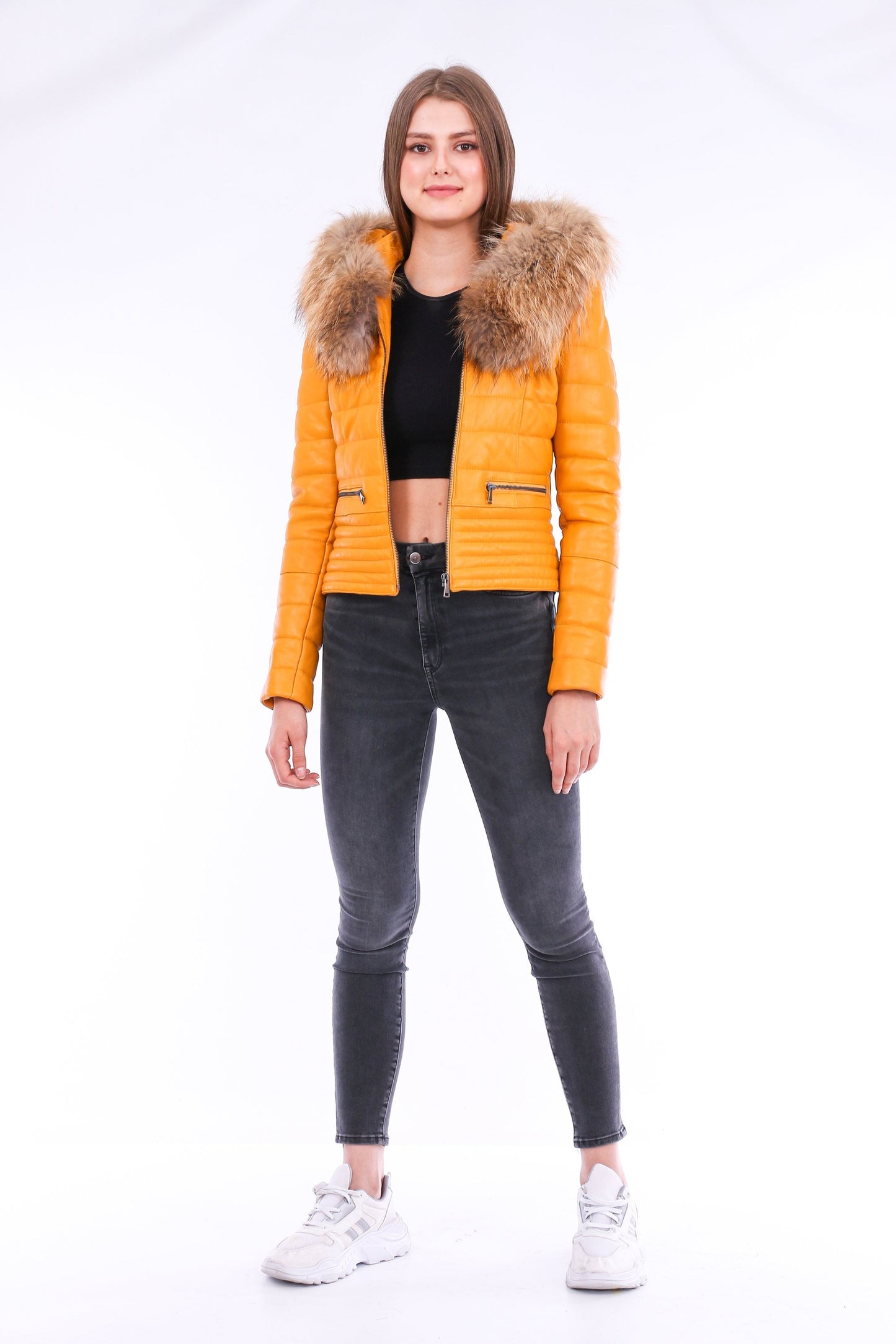 Buttagi Women's Yellow Soft Lightweight Leather Biker Jacket