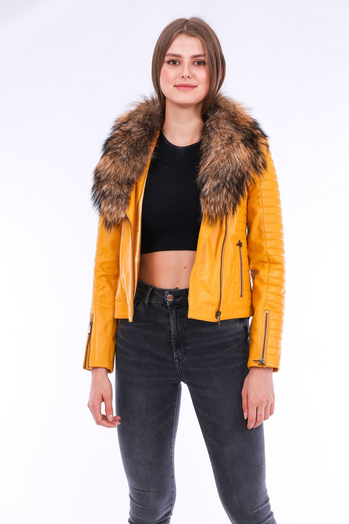 Cana Quilted Soft Sheepskin Womens Yellow Leather Biker Jacket