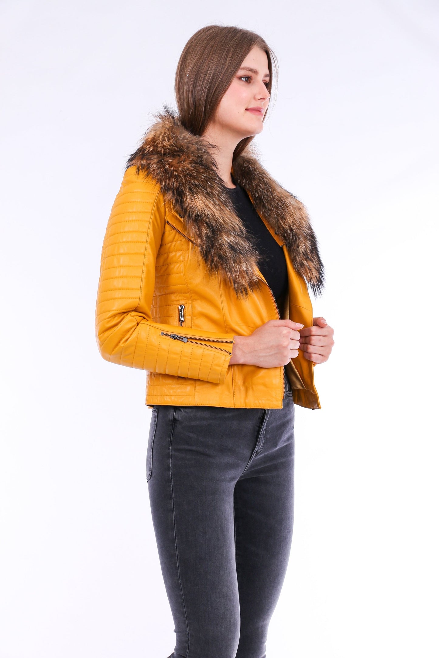Cana Quilted Soft Sheepskin Womens Yellow Leather Biker Jacket