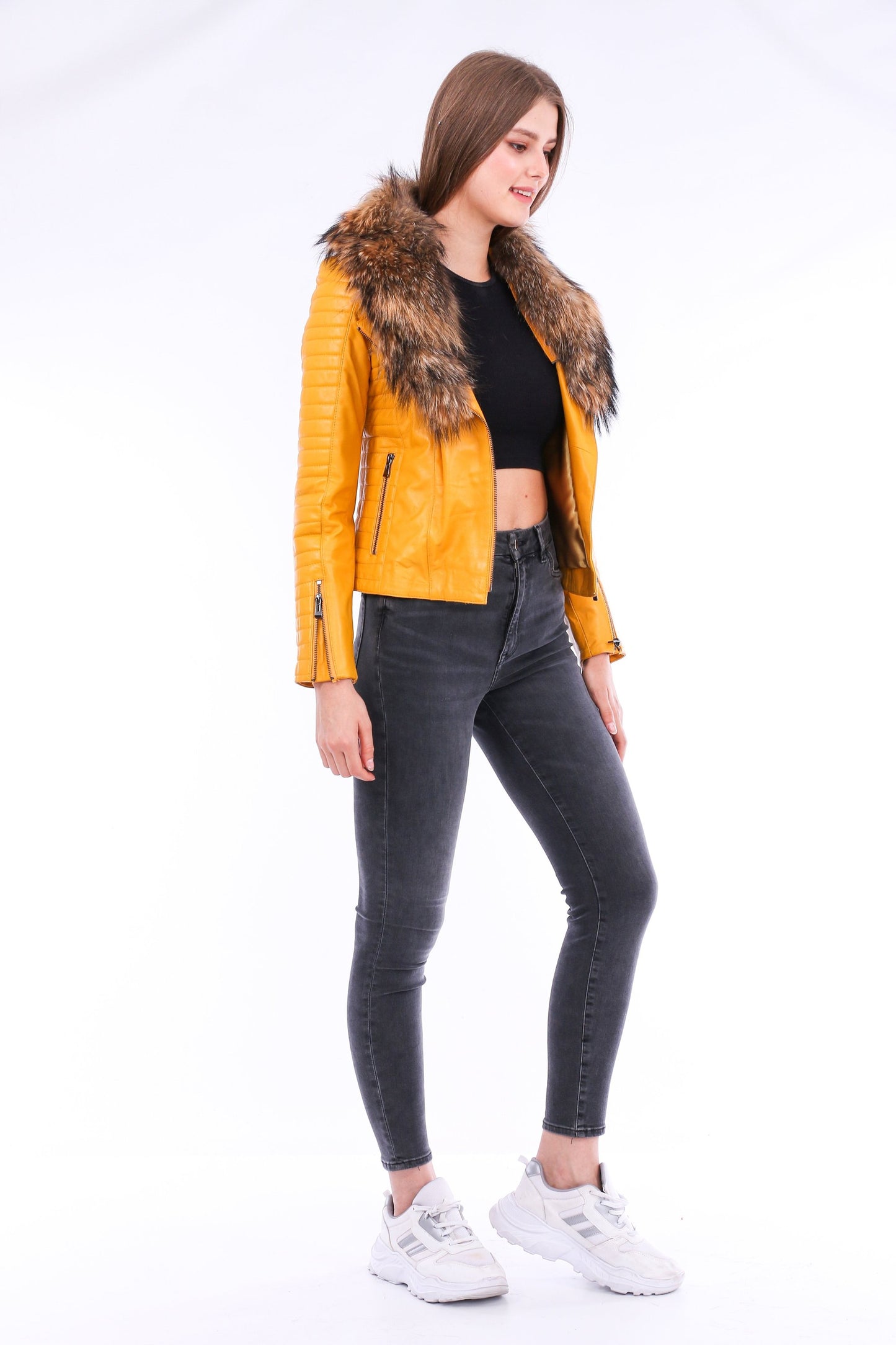 Cana Quilted Soft Sheepskin Womens Yellow Leather Biker Jacket
