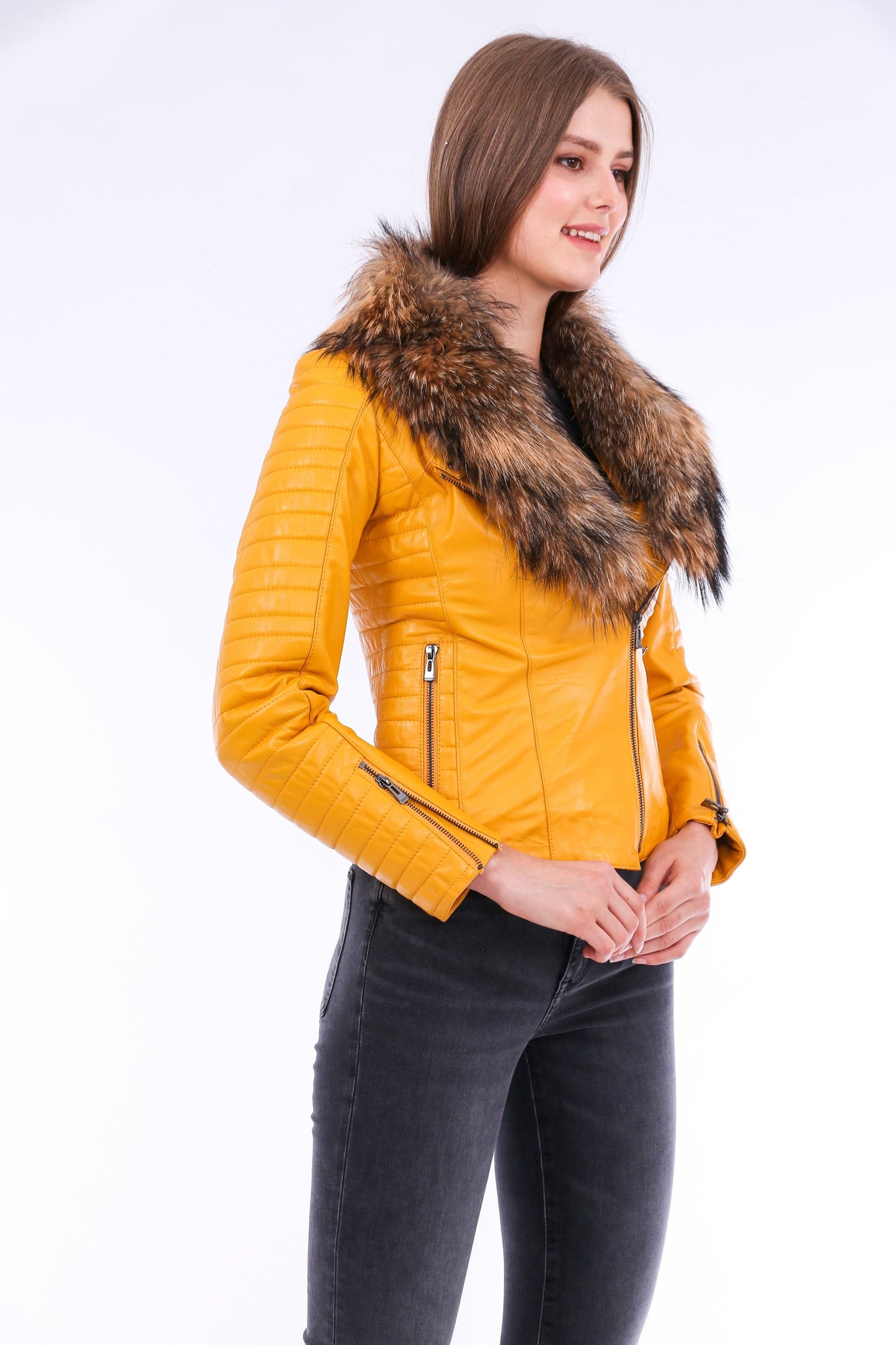 Cana Quilted Soft Sheepskin Womens Yellow Leather Biker Jacket