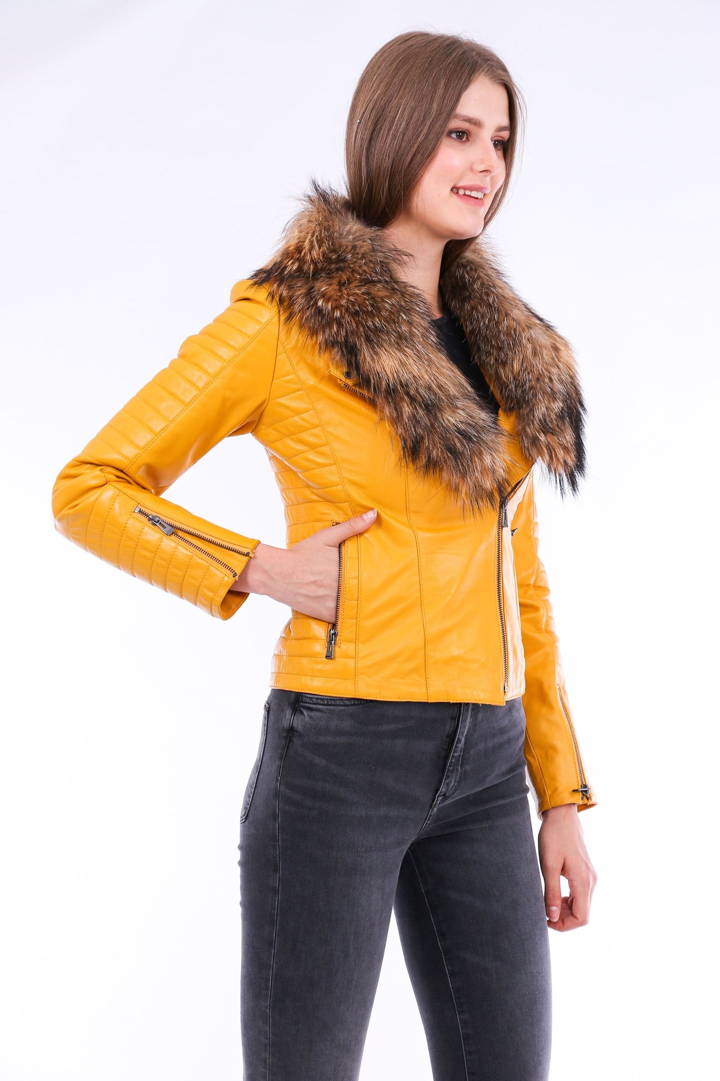 Cana Quilted Soft Sheepskin Womens Yellow Leather Biker Jacket