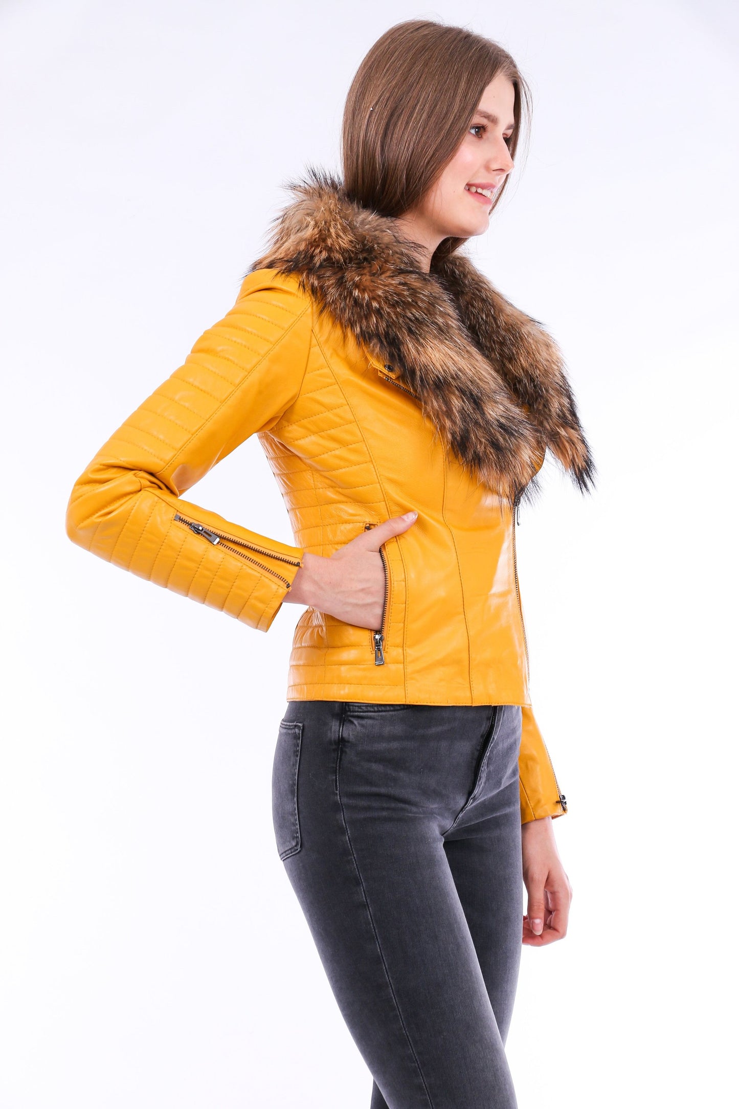 Cana Quilted Soft Sheepskin Womens Yellow Leather Biker Jacket