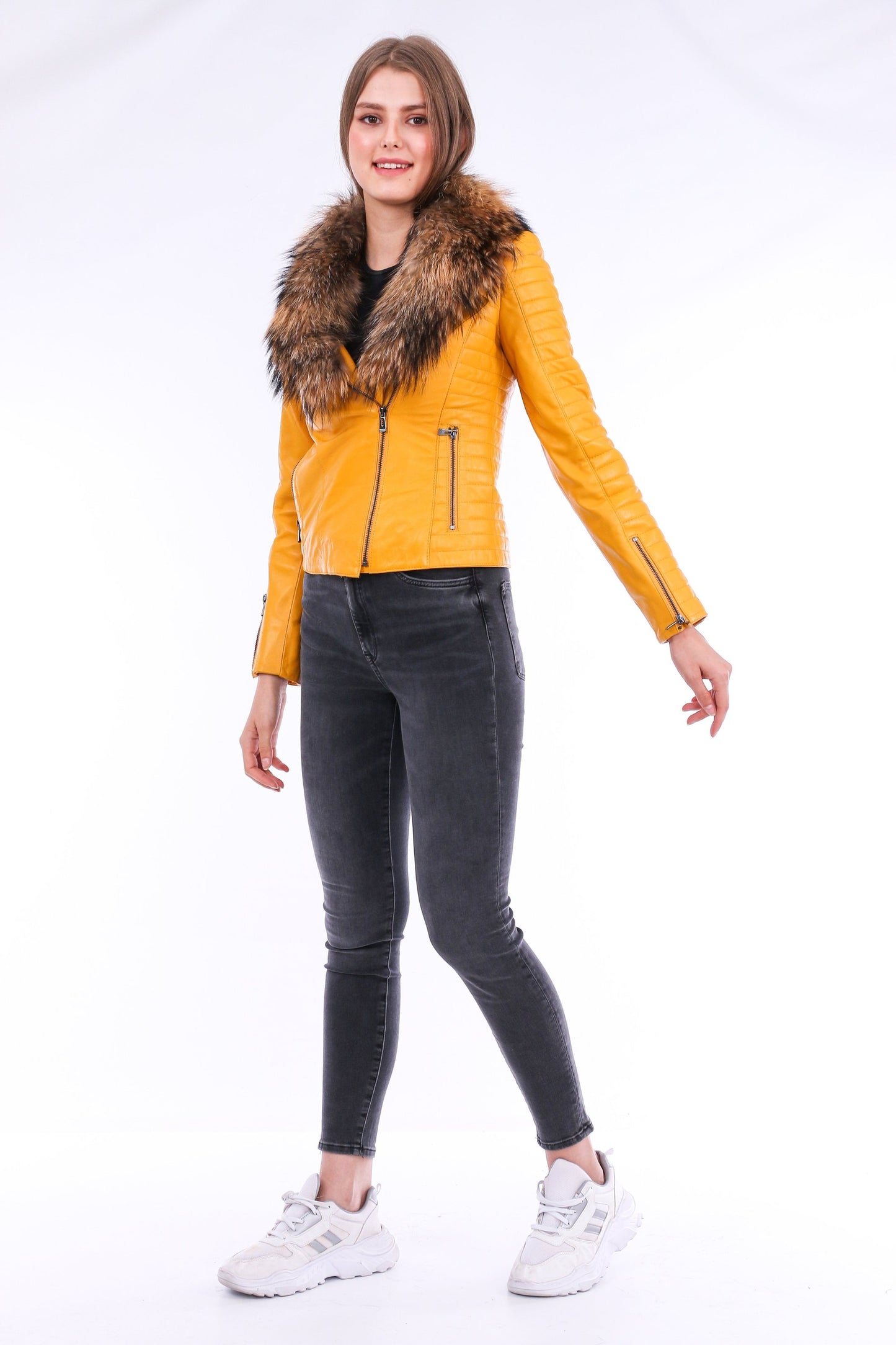 Cana Quilted Soft Sheepskin Womens Yellow Leather Biker Jacket