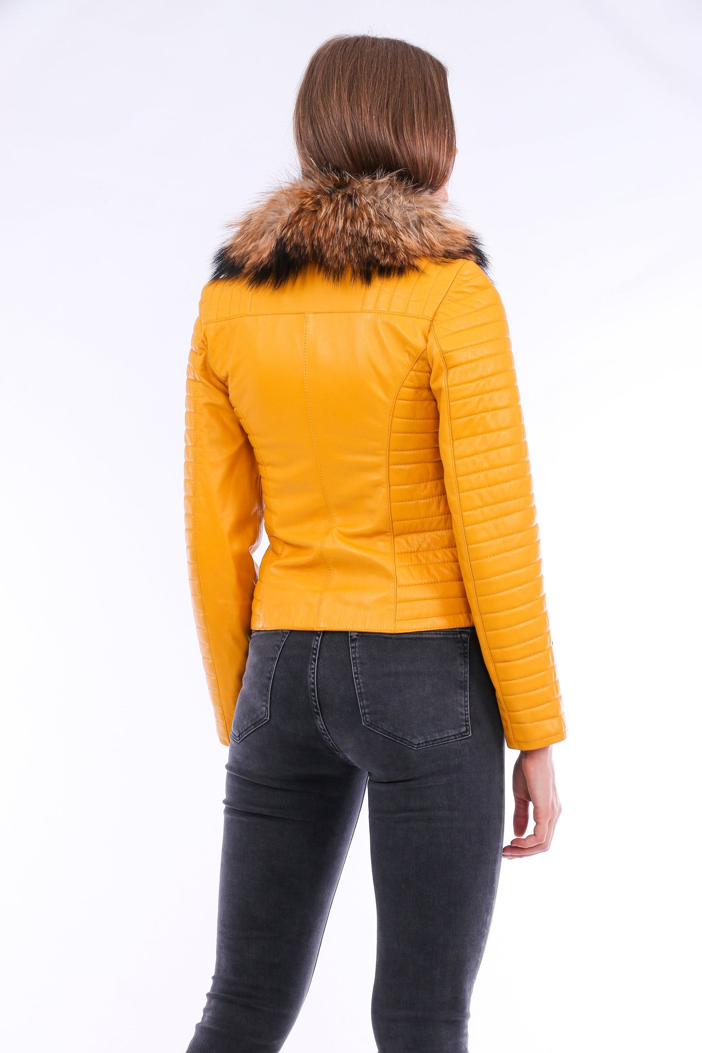 Cana Quilted Soft Sheepskin Womens Yellow Leather Biker Jacket