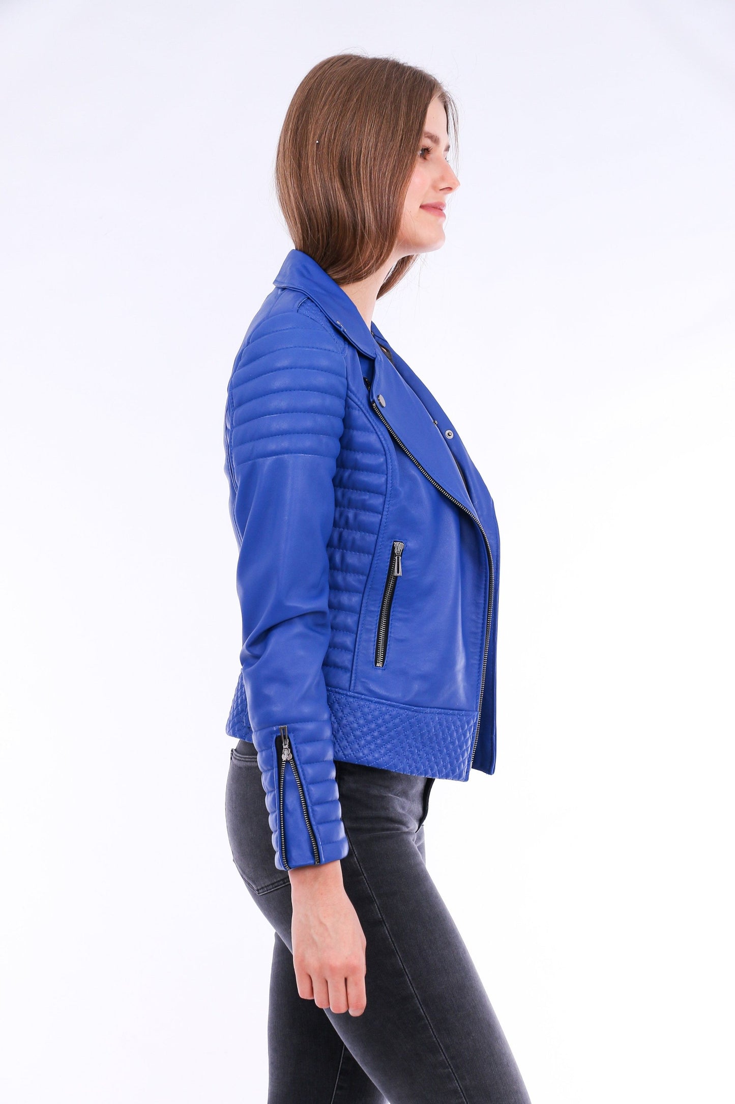 Milani Quilted Blue Leather Biker Jacket