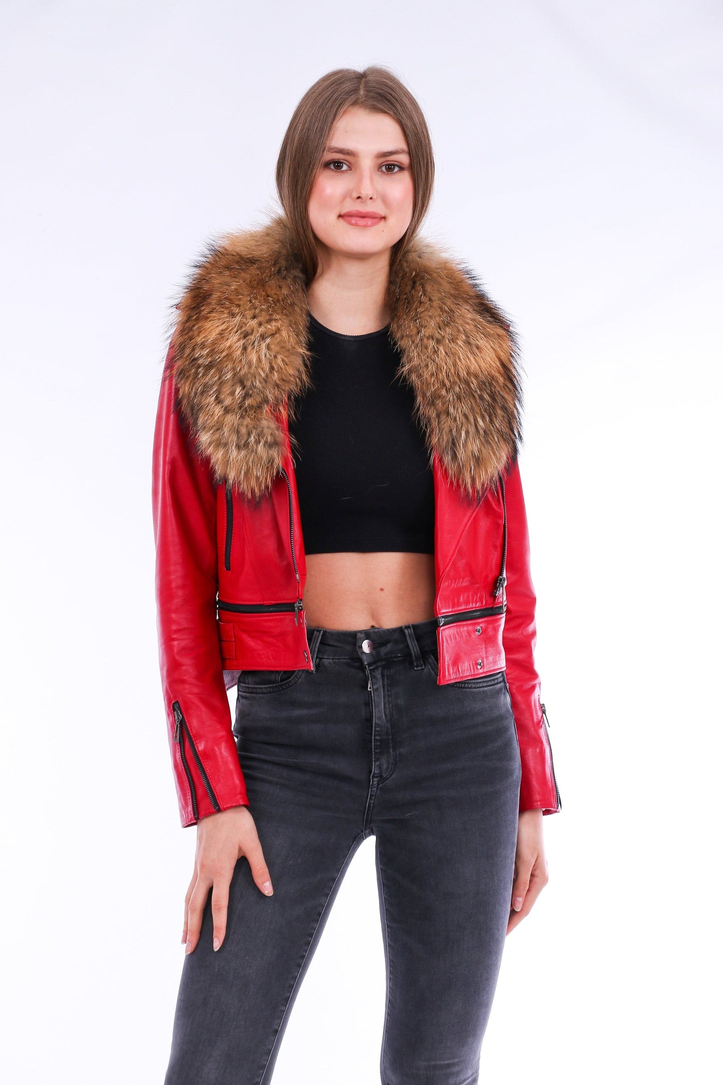 Buttagi Soft Sheepskin Red Leather Biker Jacket Women