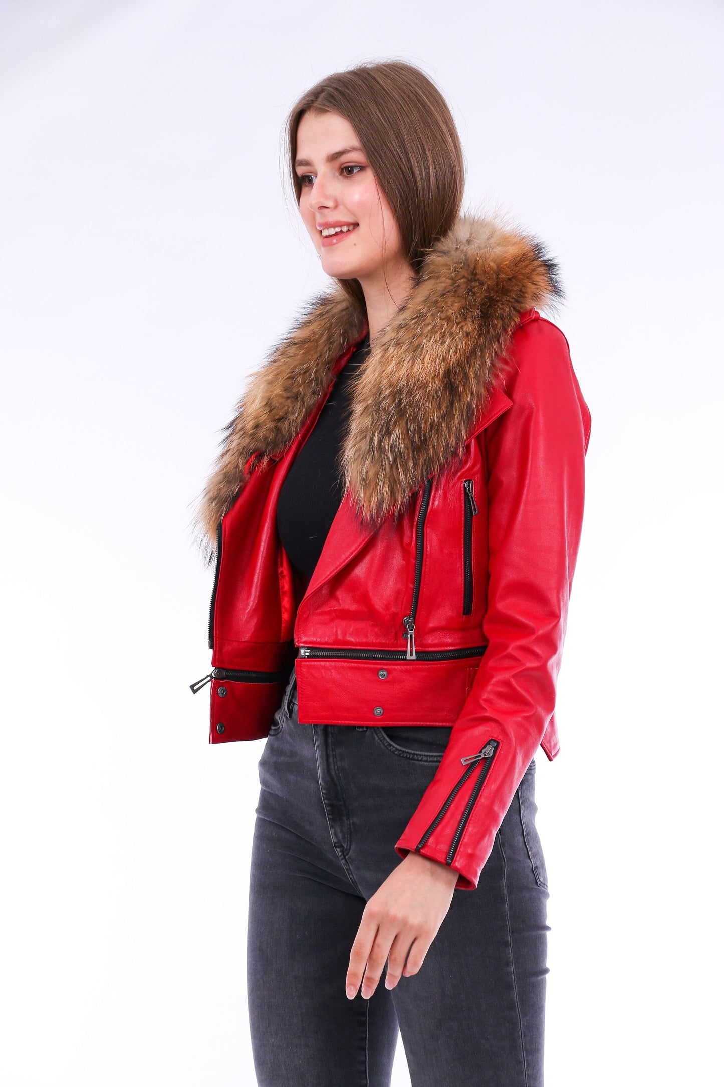 Buttagi Soft Sheepskin Red Leather Biker Jacket Women
