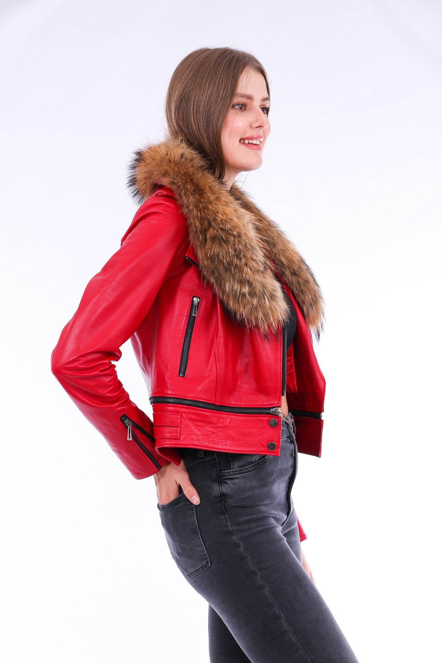 Buttagi Soft Sheepskin Red Leather Biker Jacket Women
